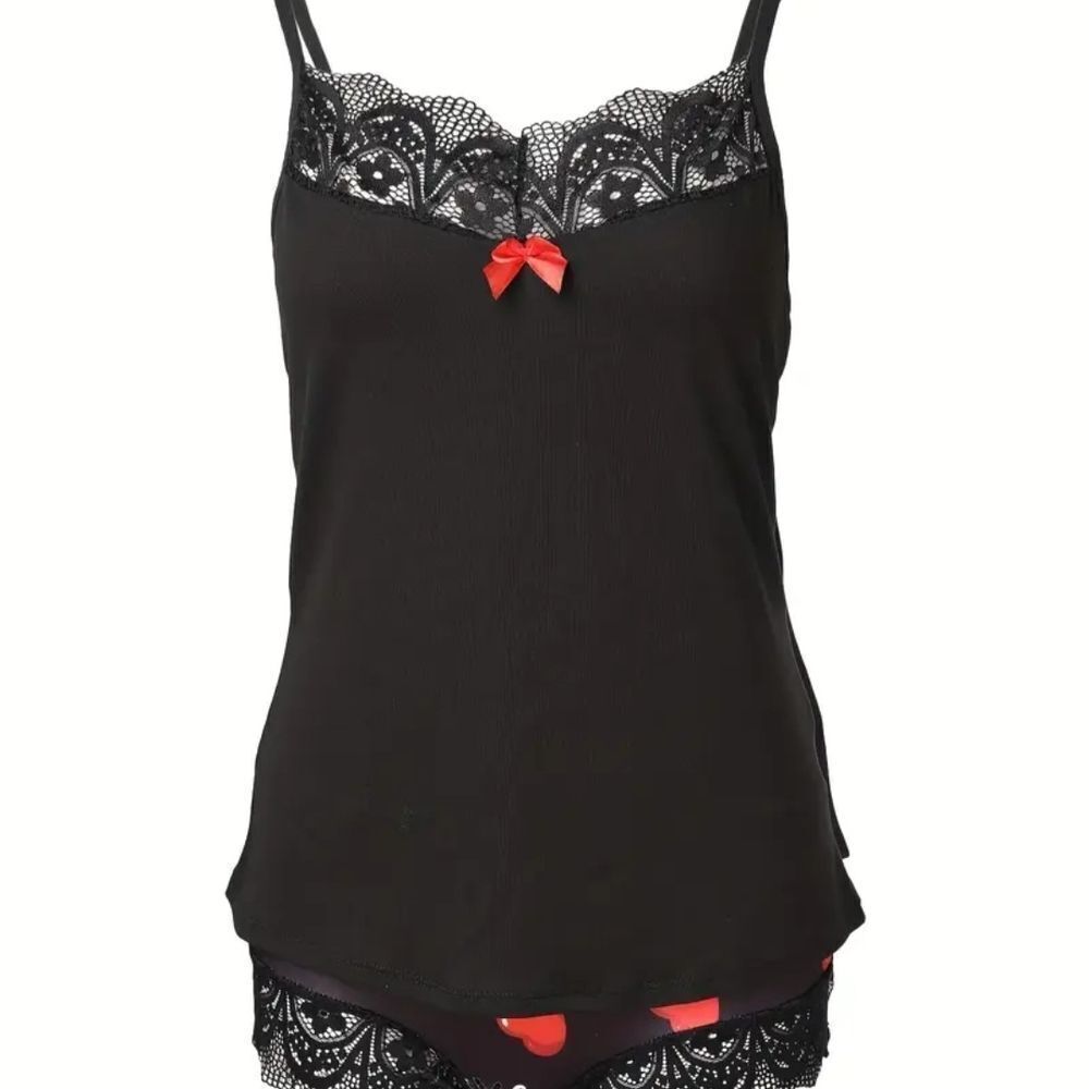 Chic Black Lace Sleepwear Set with Red Accents - Picture 2 of 4